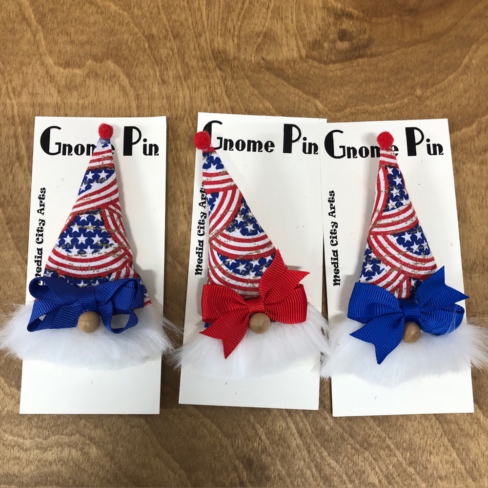 Stars & Stripes Gnome Pin Brooch Handmade Bow Gift Guide July 4th USA Americana